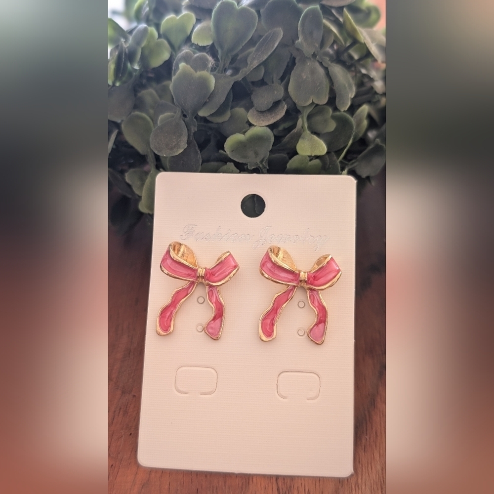 Fashion Jewelry Pink and Gold Bow Earrings